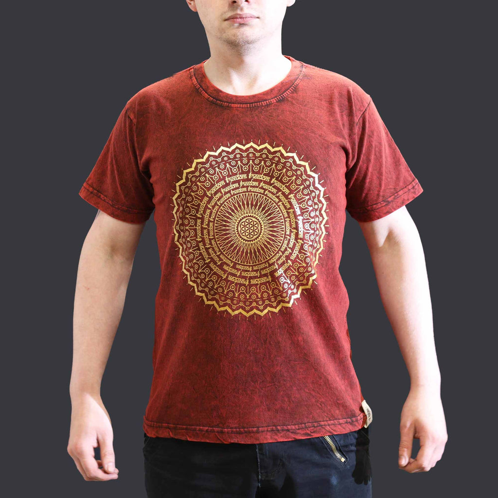 Nomad Sari Stonewashed Cotton T-Shirt – Mandala – Maroon – Small