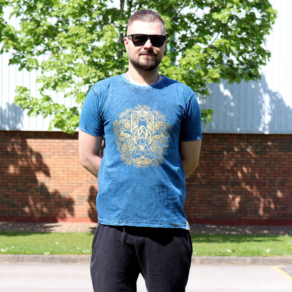Nomad Sari Stonewashed Cotton T-Shirt – Hamsa – Blue – Small