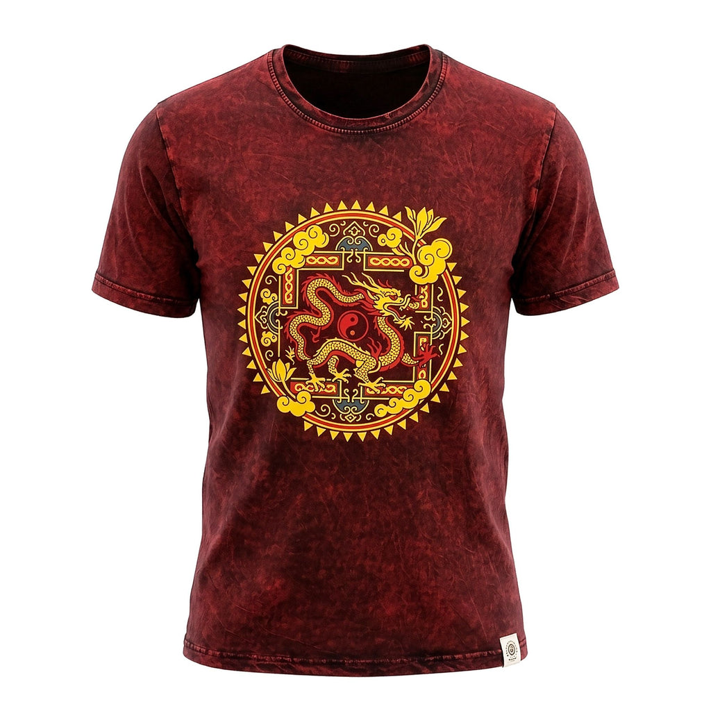 T-shirt in cotone stonewashed Nomad Sari - Mandala del drago - Bordeaux - Medio