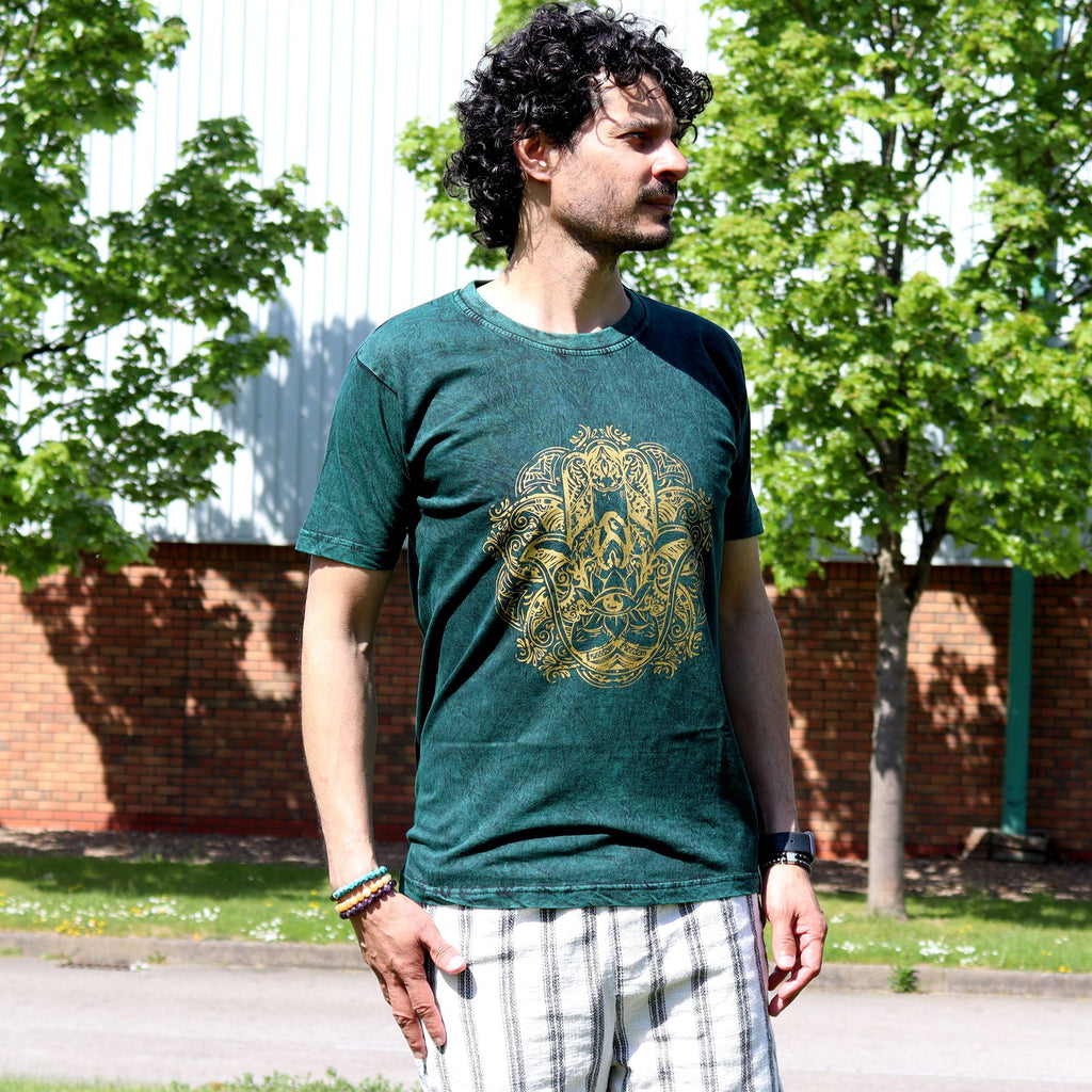 Nomad Sari Stonewashed Baumwoll-T-Shirt – Hamsa – Grün – Größe M