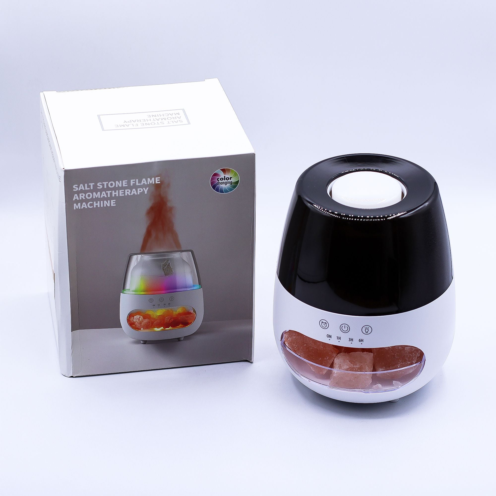Diffusore di aromi effetto fiamma in pietra di sale - bianco, USB - cambio colore e timer