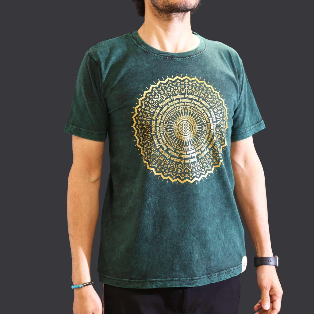 T-shirt in cotone stonewashed Nomad Sari - Mandala - Verde - Medio