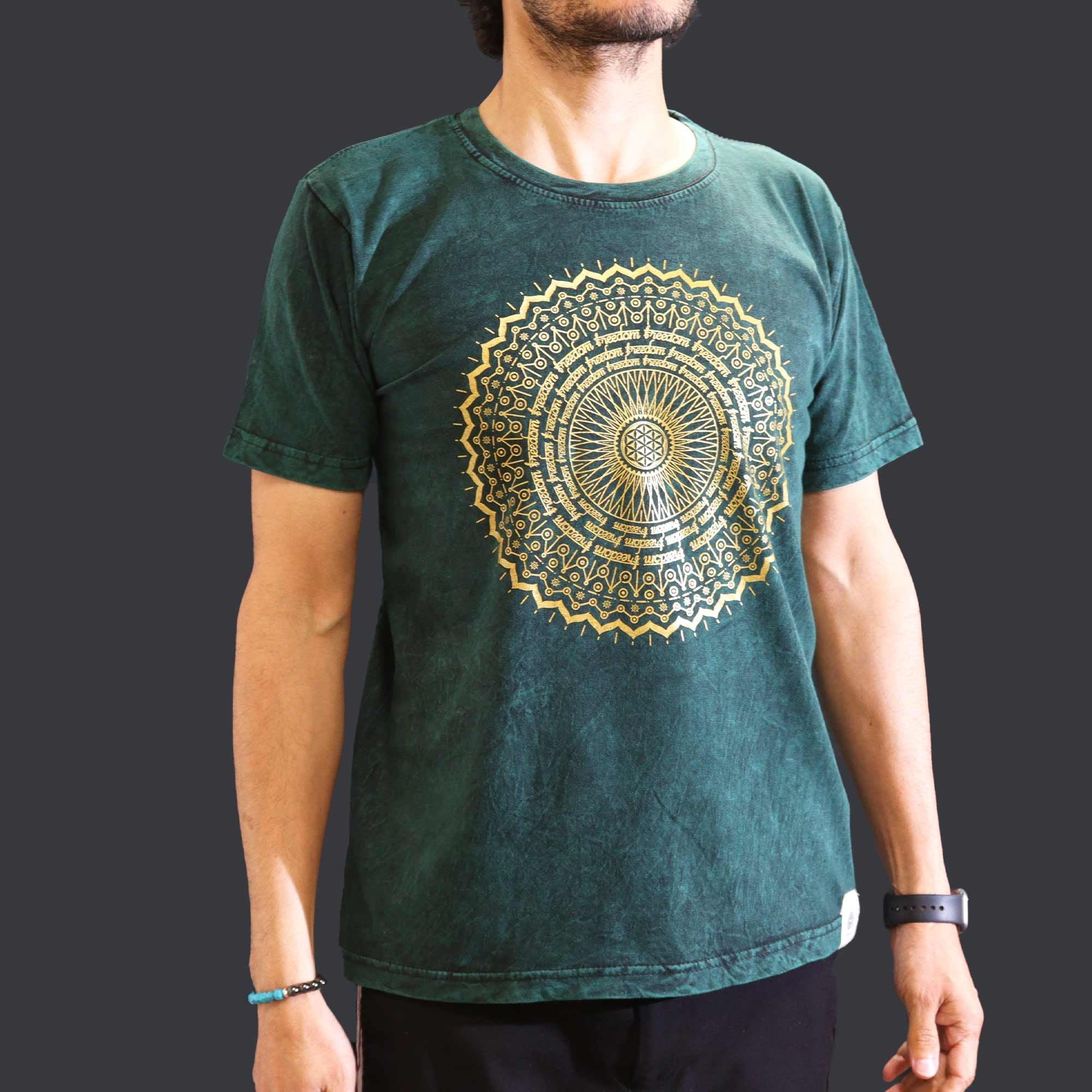 T-shirt in cotone stonewashed Nomad Sari - Mandala - Verde - Medio