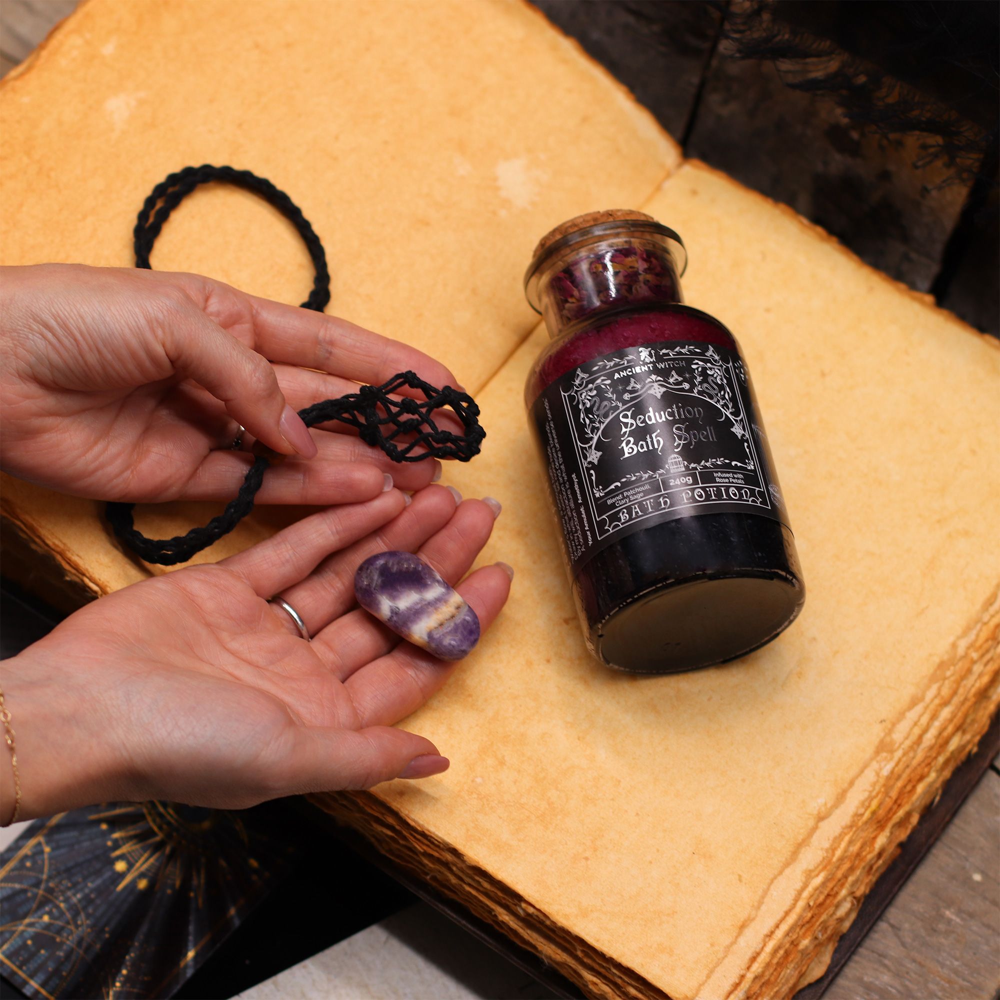 Ancient Witch Bath Spell Potion & Rock Crystal Amulet - Cleansing