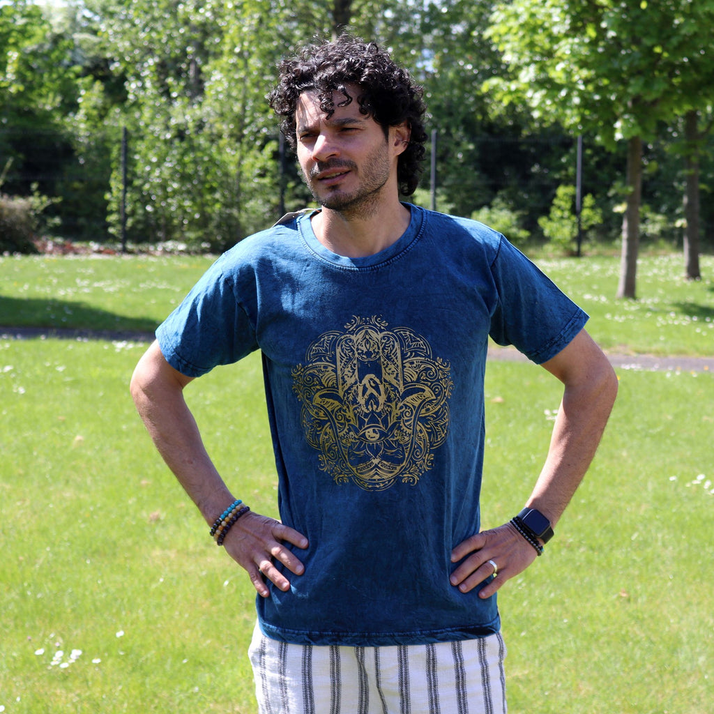 Nomad Sari Stonewashed Cotton T-Shirt – Hamsa – Blue – Medium