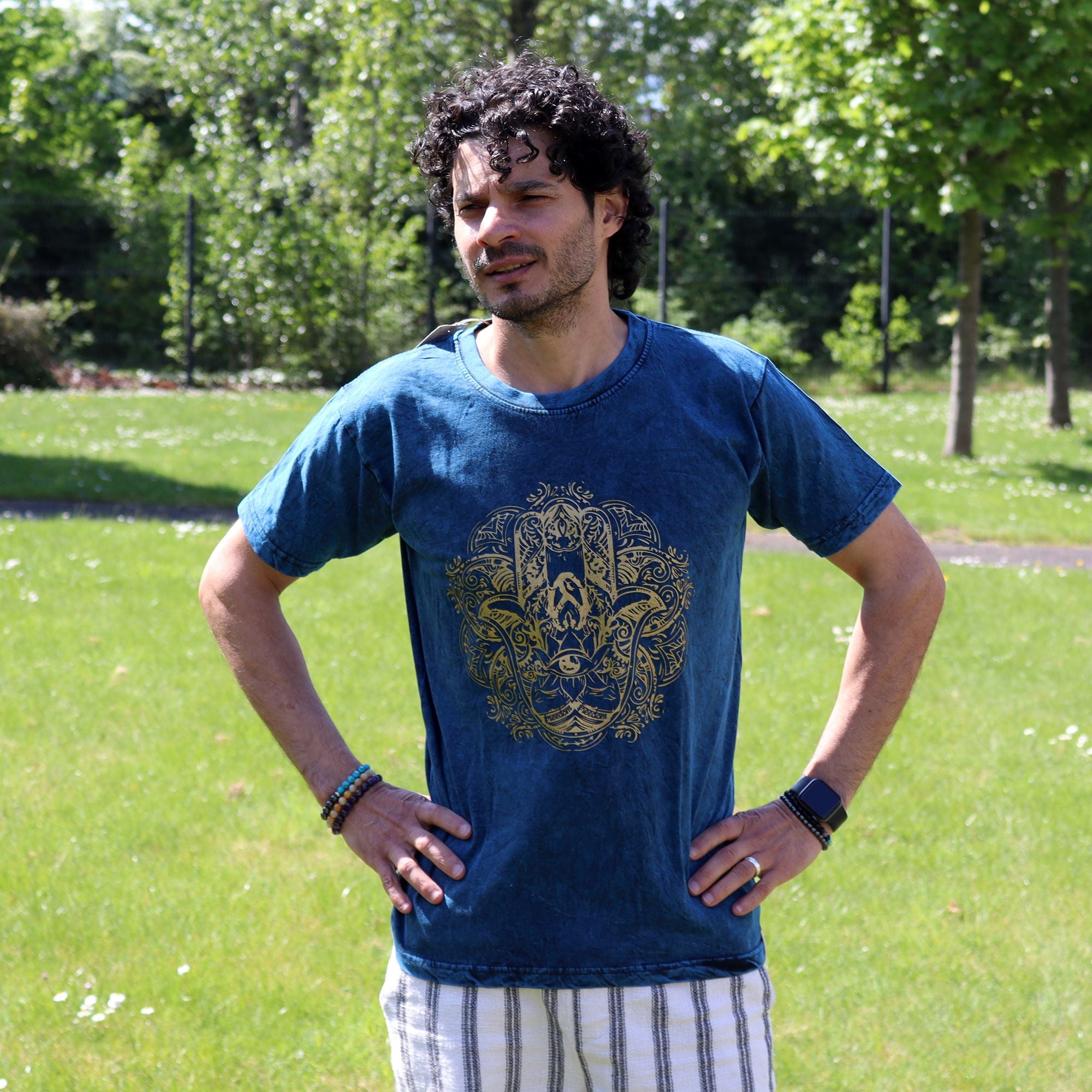 Nomad Sari Stonewashed Cotton T-Shirt – Hamsa – Blue – Medium