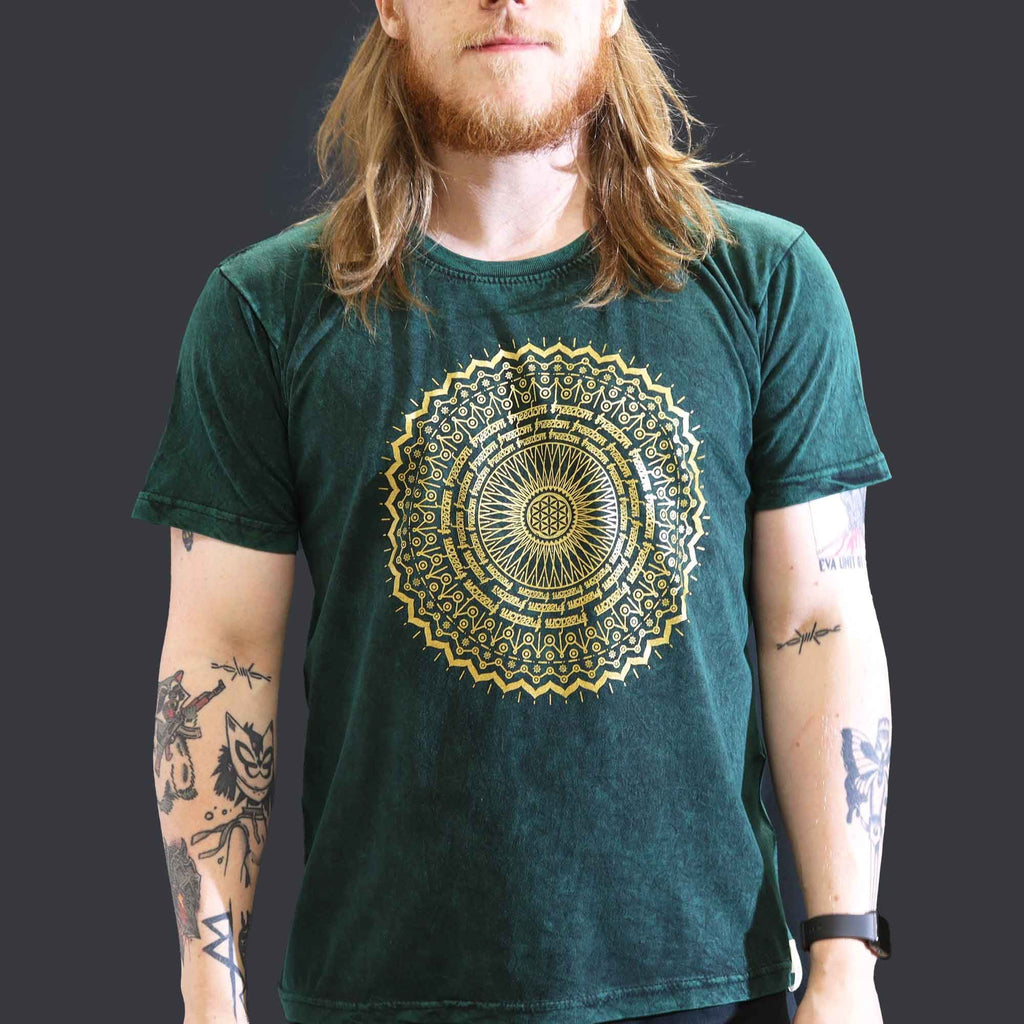 Nomad Sari Stonewashed Cotton T-Shirt – Mandala – Green – Large