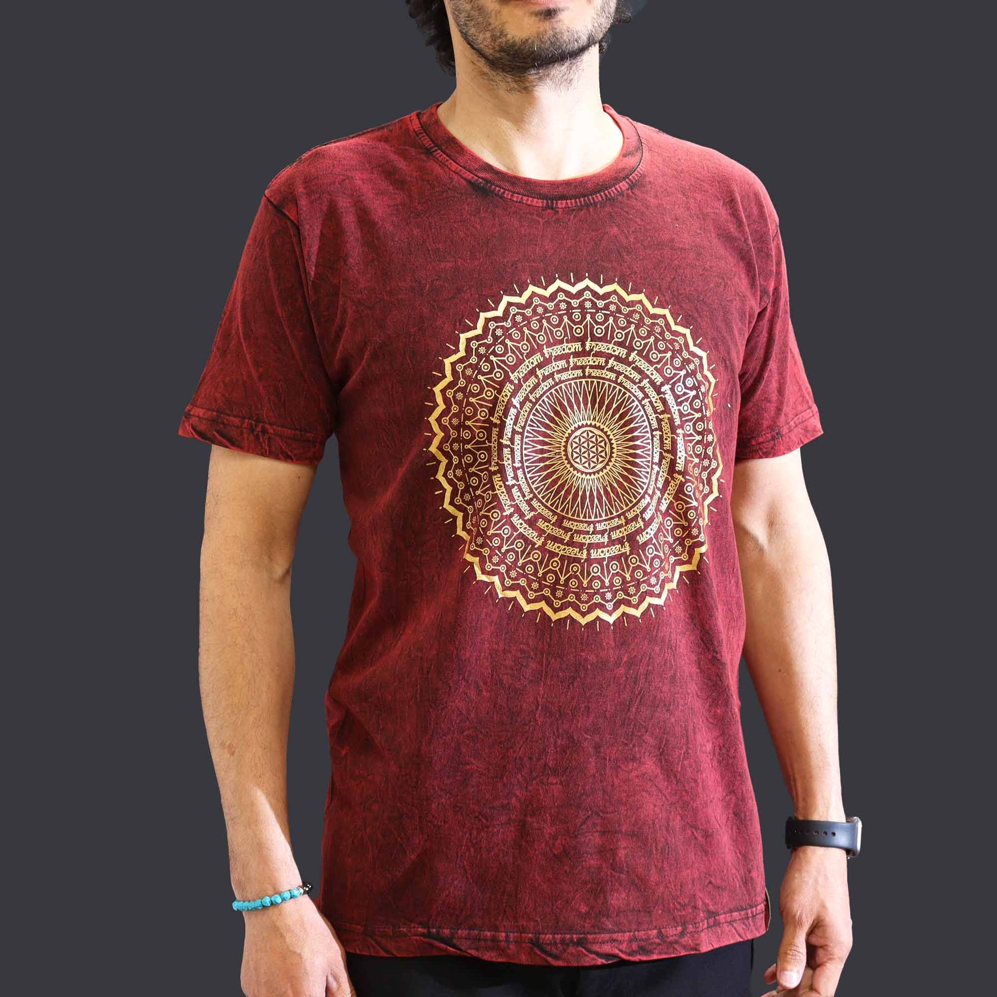 Nomad Sari Stonewashed Cotton T-Shirt - Mandala - Maroon - Medium