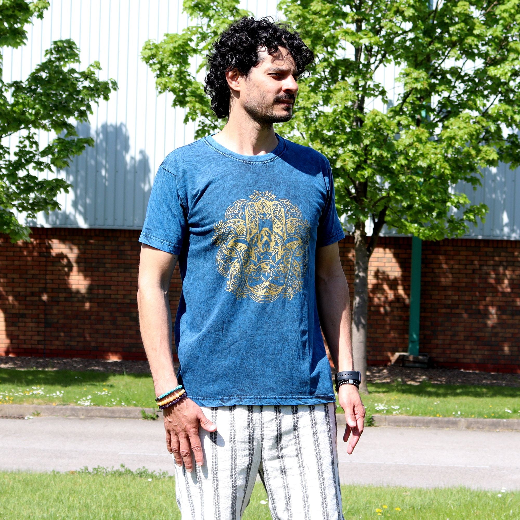 T-shirt in cotone stonewashed Nomad Sari – Hamsa – Blu – Medio