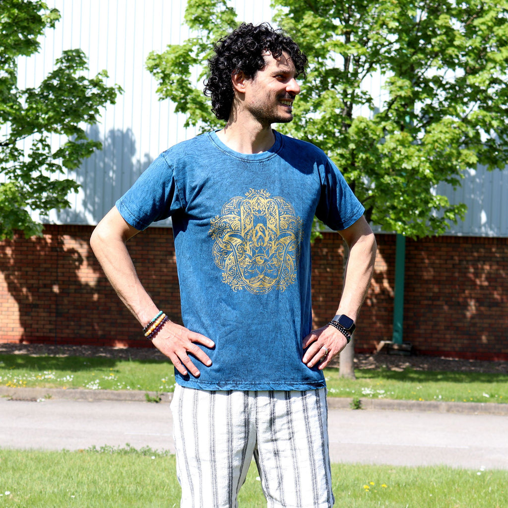 Nomad Sari Stonewashed Cotton T-Shirt – Hamsa – Blue – Medium