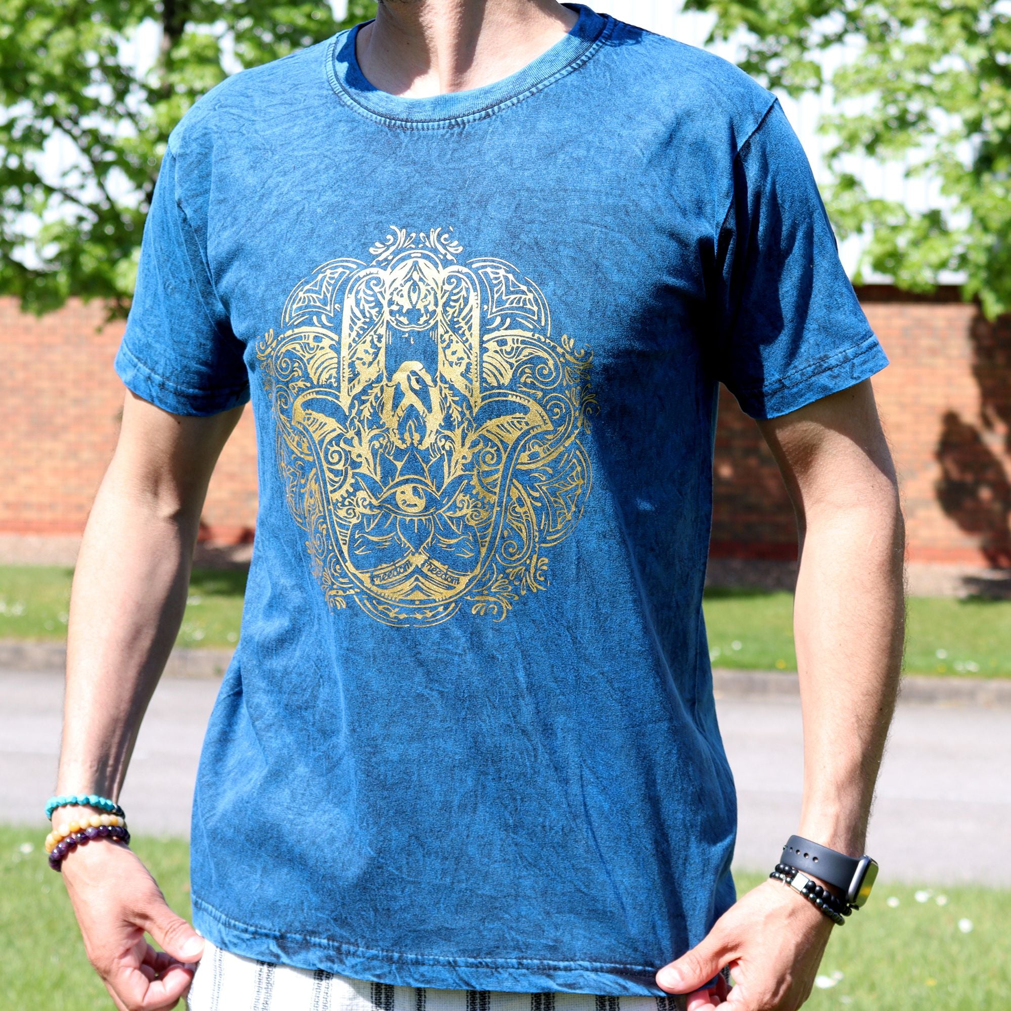 T-shirt in cotone stonewashed Nomad Sari – Hamsa – Blu – Medio