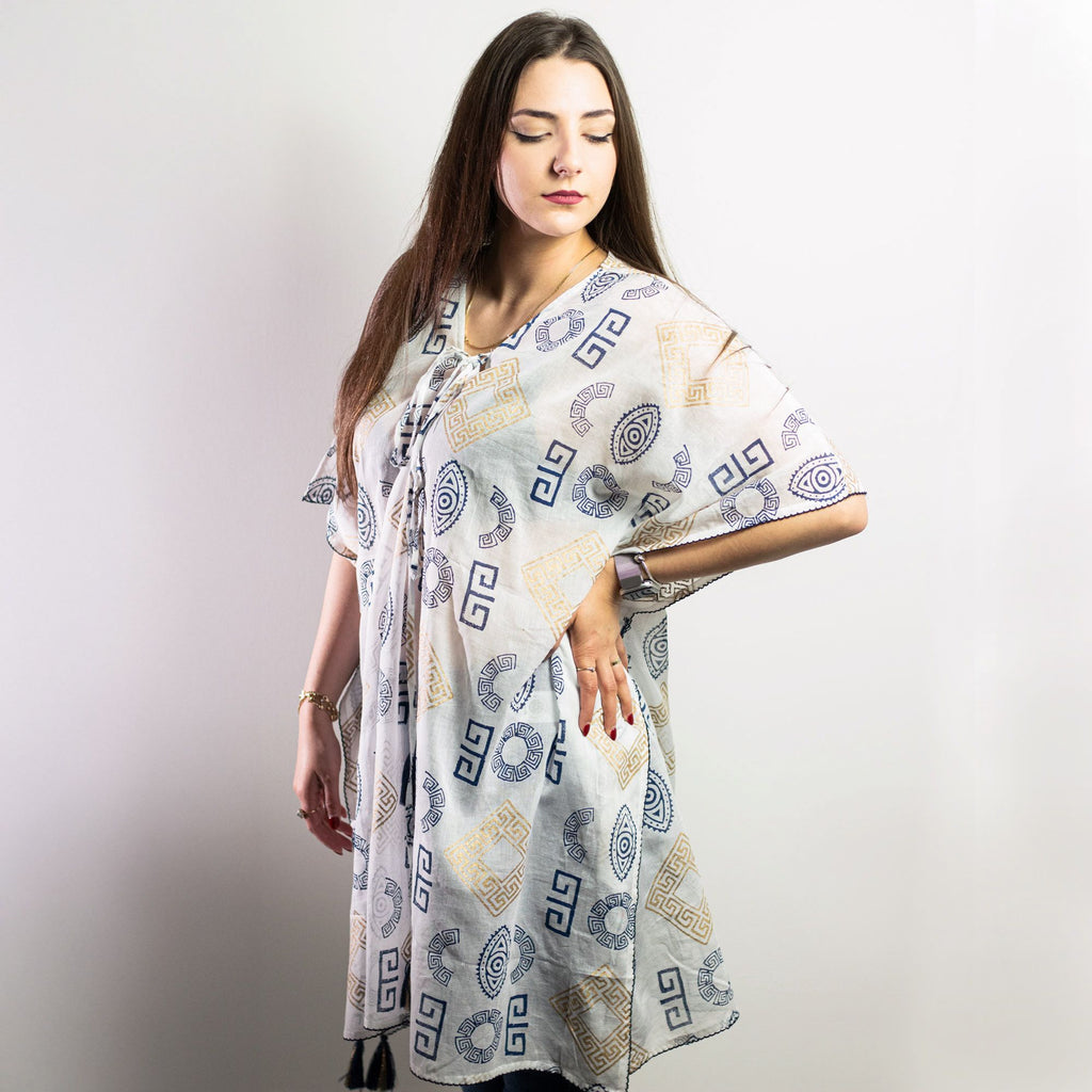 Nomad Sari On the Med Collection - Kaftan - Gold & Blue Greek Motiff - Handpainted