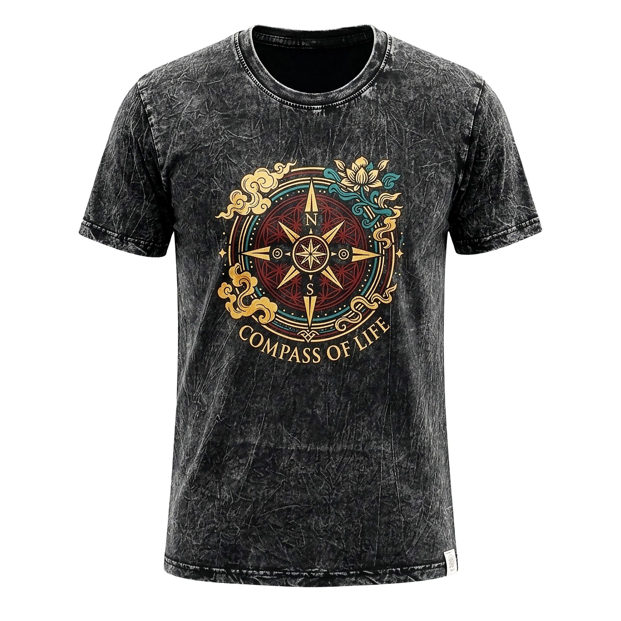 Nomad Sari Stonewashed Baumwoll-T-Shirt – Kompass des Lebens – Anthrazit – Medium