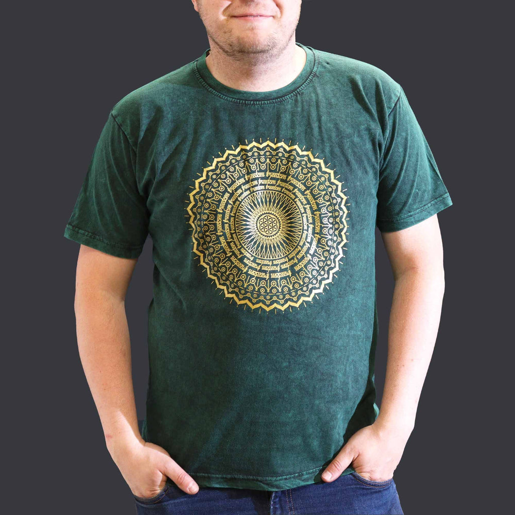 Nomad Sari Stonewashed Baumwoll-T-Shirt – Mandala – Grün – XL
