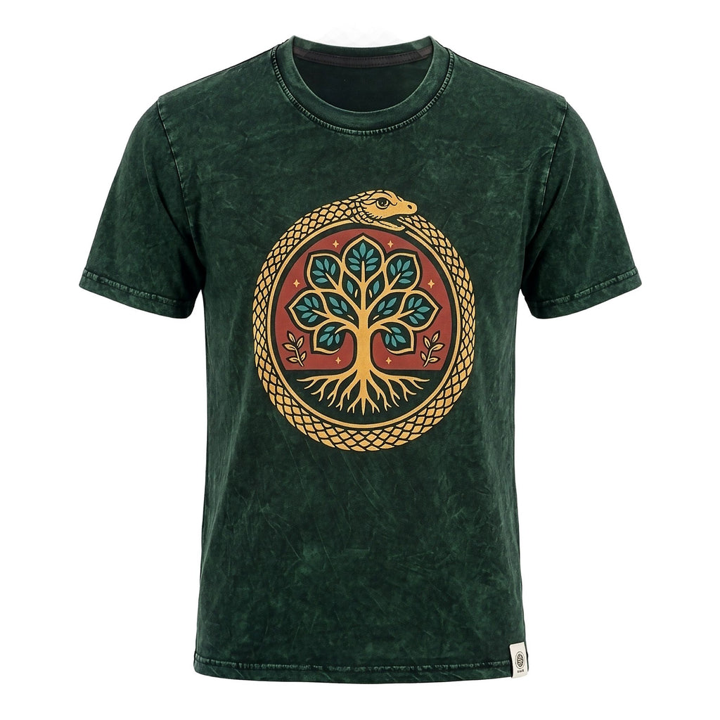 Nomad Sari Stonewashed Baumwoll-T-Shirt – Lebensbaum – Grün – Medium