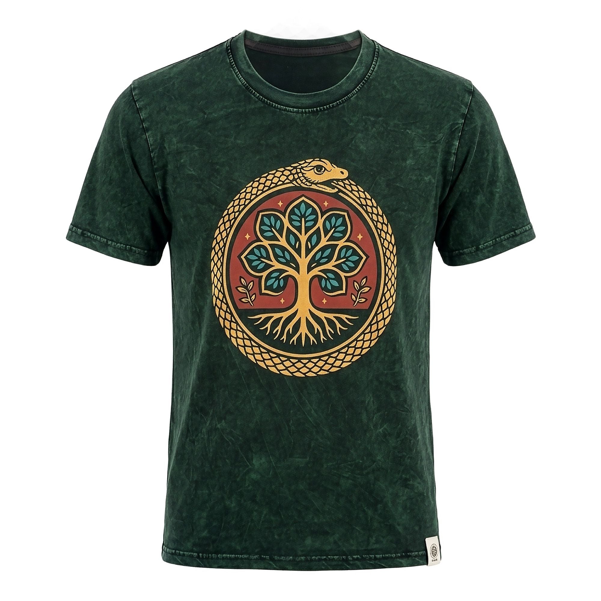 Nomad Sari Stonewashed Baumwoll-T-Shirt – Lebensbaum – Grün – Medium