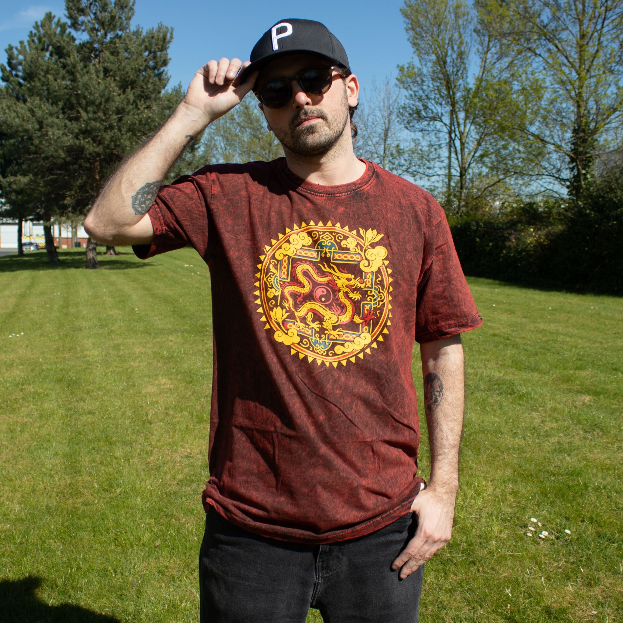 Nomad Sari Stonewashed Cotton T-Shirt - Dragon Mandala - Maroon - Large