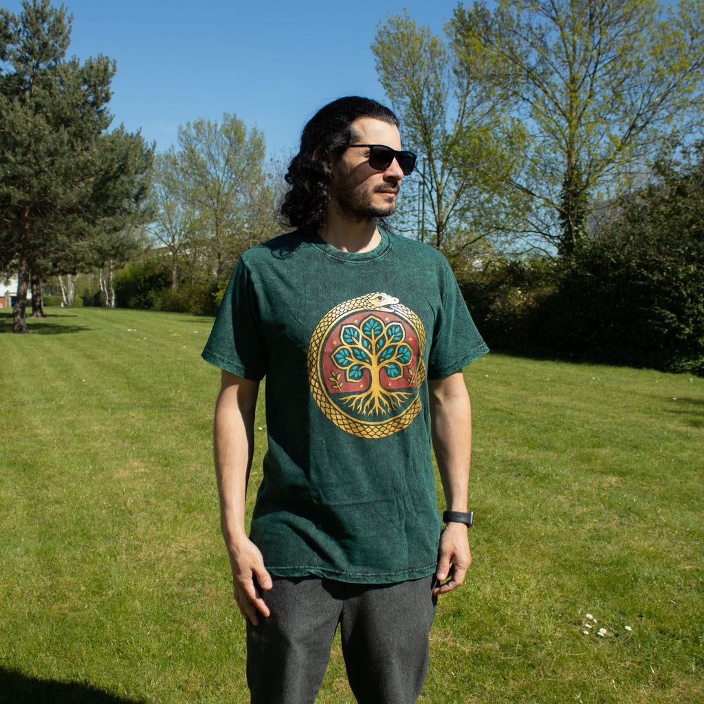 Nomad Sari Stonewashed Baumwoll-T-Shirt – Lebensbaum – Grün – Medium