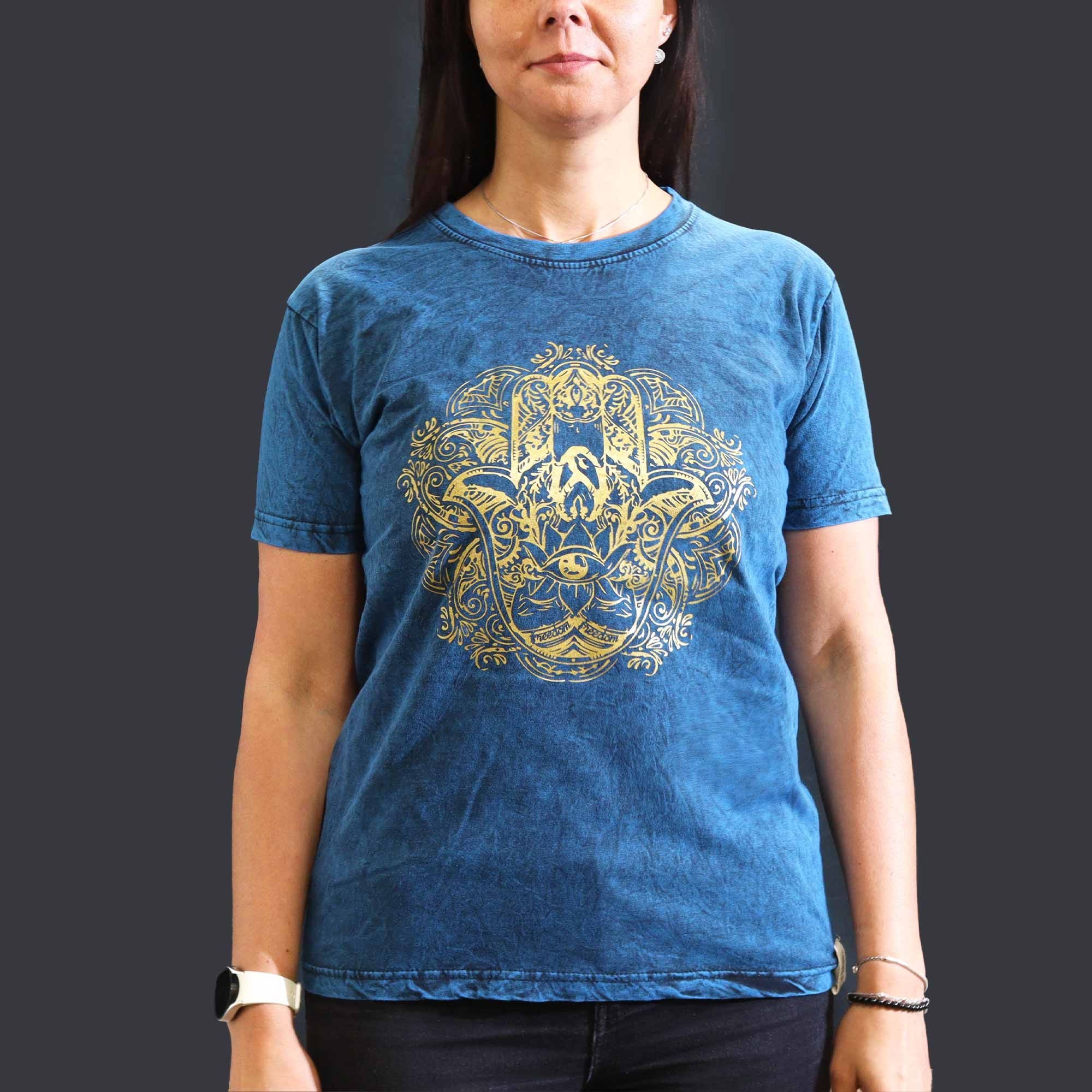 T-shirt in cotone stonewashed Nomad Sari – Hamsa – Blu – Medio