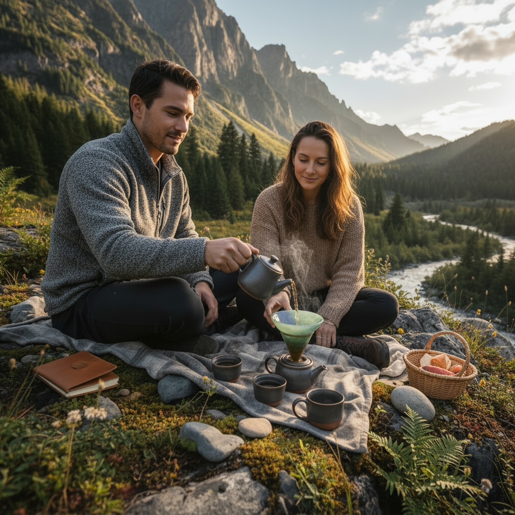 Due persone in montagna che usano il kit tè da viaggio